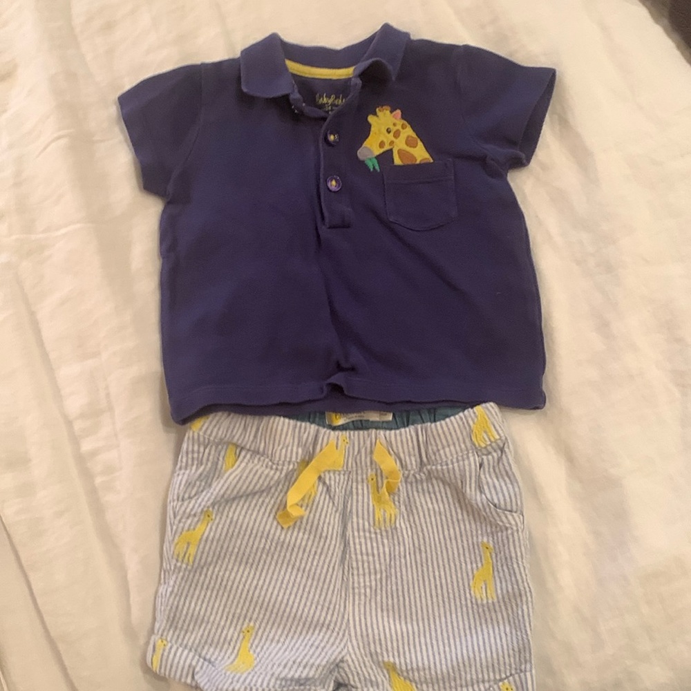 Baby Boden collared giraffe shirt and shorts; size 6-9 mos